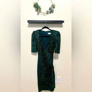 Calvin Klein Women's Allover Sequin Faux Wrap V Neck Tulip Hem Lined Dress